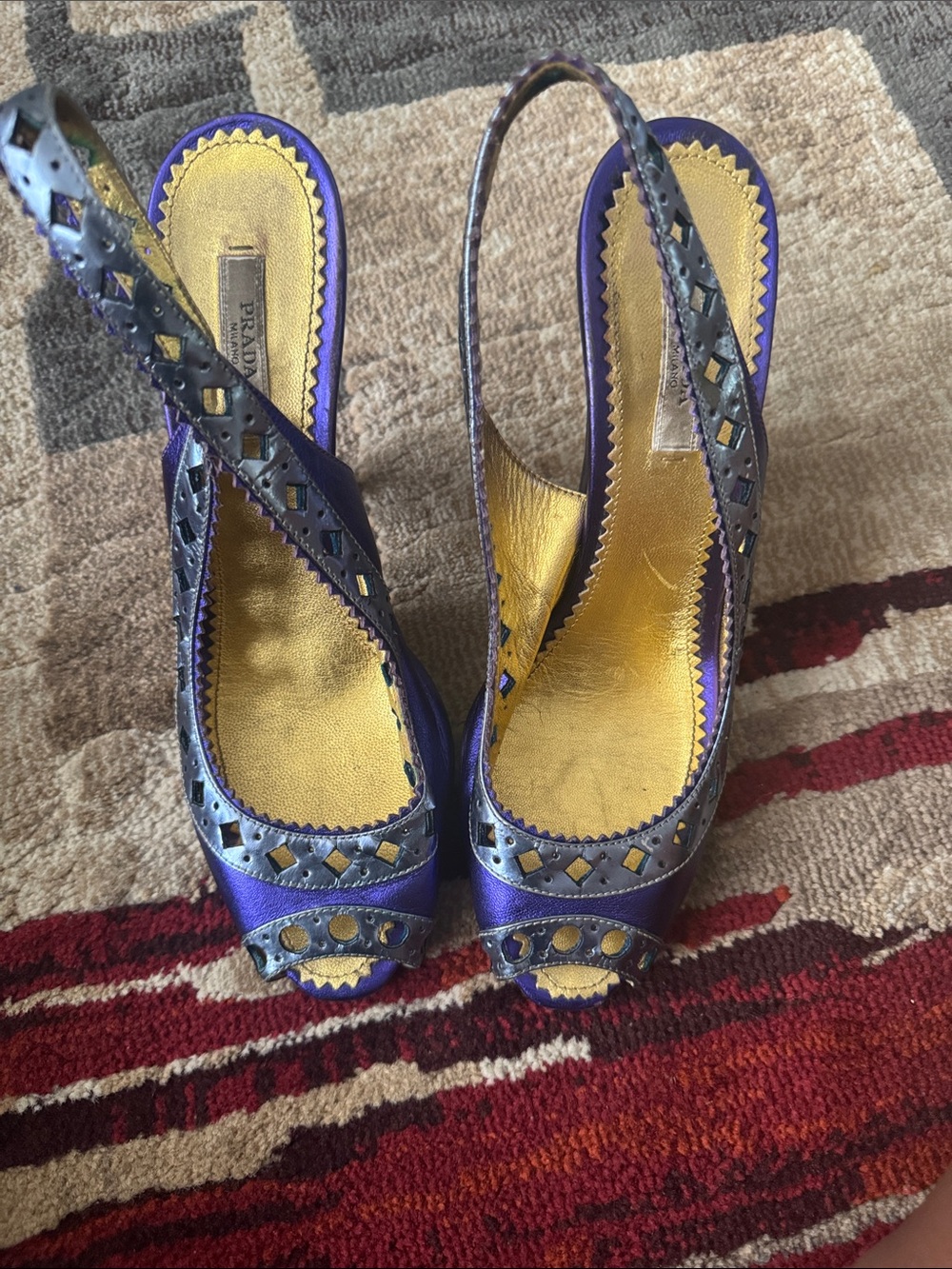 Prada Purple Satin Slingback Peep-Toe Heels with Gold Insole
